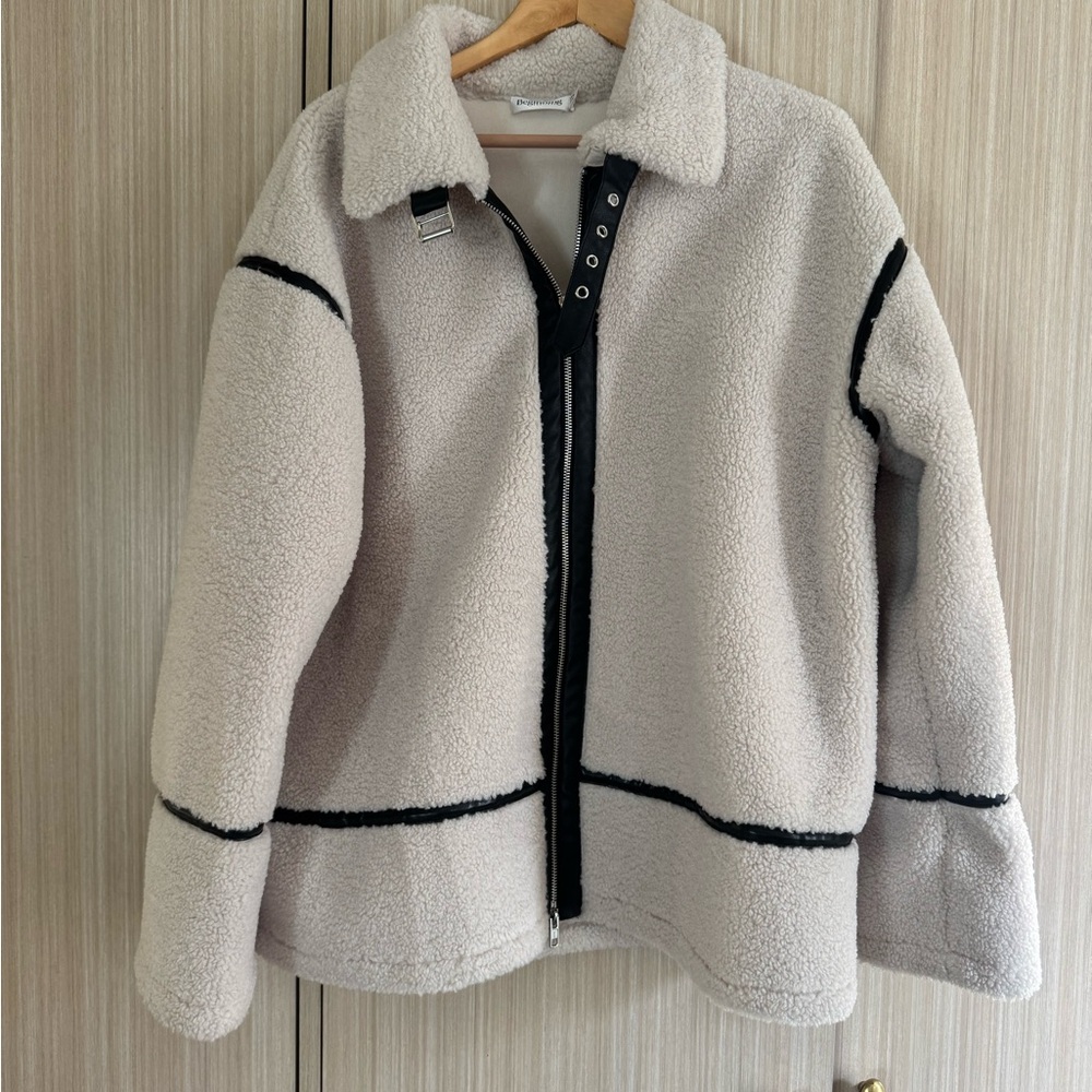 Beginning Boutique Off White Sherpa Jacket with Faux Leather Trim Accent